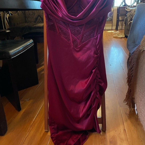 Oh Polly A Minute Past Midnight Midi Corset Dress in Maroon Burgundy Red Ruched - Picture 3 of 6